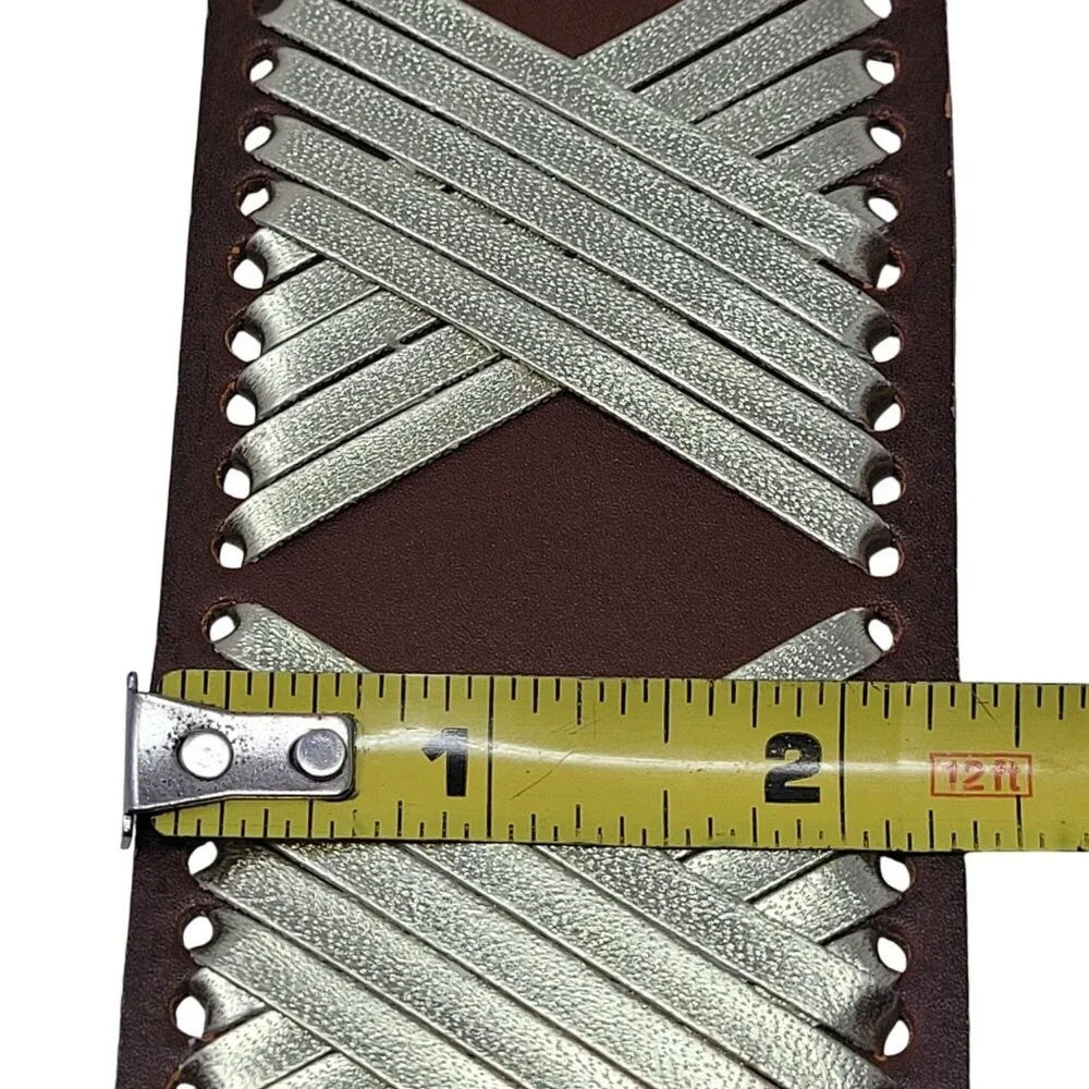 Vtg‎ Express Western Wide Brown Leather Stretch Waist Belt Sz S/M Gold Weave